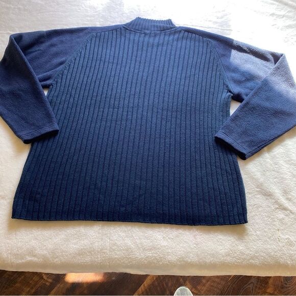 Bruebeck Dark Blue Rib Knit Fleece Sleeves Pullover Mock Turtleneck Sweater - Picture 1 of 11